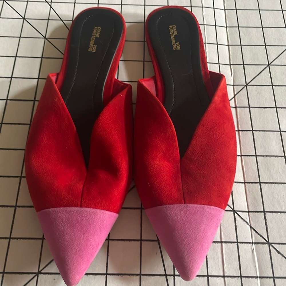 Red and pink Diane VonFurstenberg mules size 6.5